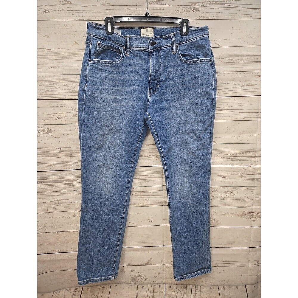 Mens MUTUAL WEAVE THE TAPER STRETCH 5 Pocket blue denim jeans 34 x 29 (Actual)